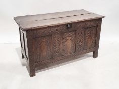 Late seventeenth century carved oak coffer with lunette frieze, three carved rounded arched panels