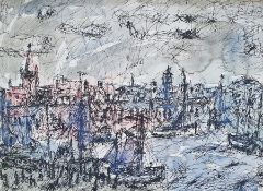 O Hall (?) Pen, ink and wash Harbour scene with numerous sailing boats, signed indistinctly lower