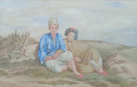 19th century school Watercolour drawing Two Middle Eastern figures seated on dunes, 13cm x 20cm