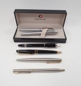 Modern Sheaffer fountain pen and biro set both with brushed metal cases and in fitted case, a