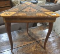 Modern marquetry inlaid triangular topped musical lift-top occasional table to cabriole legs