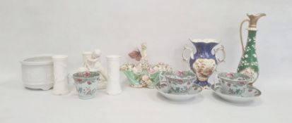 Tall slender baluster green ground ewer moulded with flowers, 25cm high, a two handled  blue