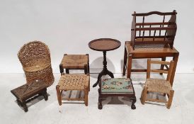 Assorted miscellaneous furniture to include small stools, magazine rack, cane seated stool, circular