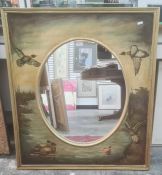 Oval mirror with framed painted landscape surrounded, ducks in flight and on a pond, 88cm x 77cm