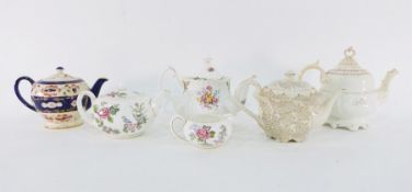 Collection of teapots to include two green decorated Bargeware-style teapots, a Carltonware-style