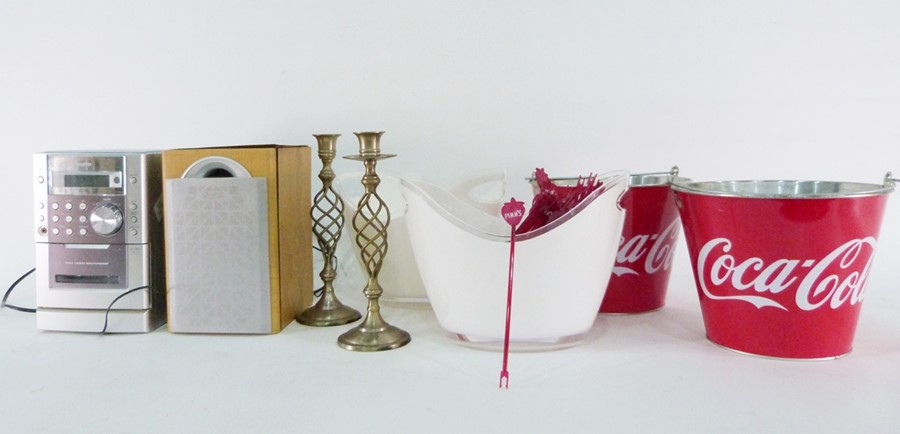 Quantity of assorted items to include two metal buckets, marked 'Coca Cola', brass candlesticks, - Image 3 of 9