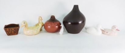 Assorted vases, a steel teapot, a lampshade, four ceramic models of ducks, a large black modern