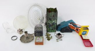 Two boxes of assorted glassware, Tiffany-style lamp and Black & Decker electric plane (3 boxes)