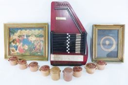 Assorted framed prints, zita, lidded terracotta small pots, a Habana wooden cigar box, a clockwork