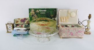 Moulded glass cake plate in original box, marked 'Annette', assorted prints, a sewing basket, a