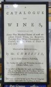 Various framed prints to include a reproduction 'Catalogue of Wines... sold by auction by Mr
