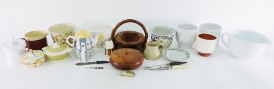 Various ceramic pots, vases, Hornsea storage jar, glass plate, assorted glassware, tea towels,