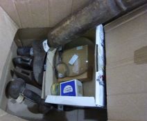 Quantity of flat irons, cast iron shoe lasts, brass trivet, copper pans on a trivet with heating,