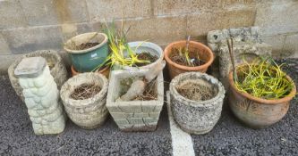 Nine various garden planters, largest 36cm diameter, cast bird bath and ornamental squirrel
