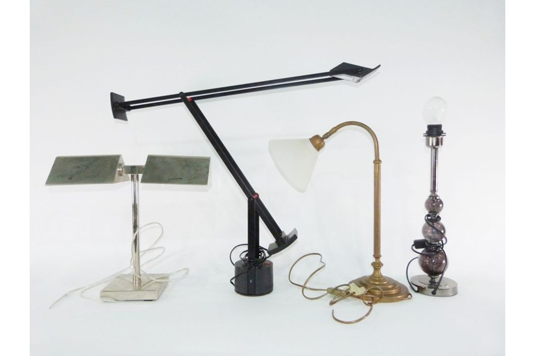 Black painted adjustable desk lamp, a double shade desk lamp and two others (4)