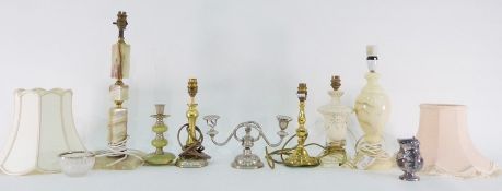 Two table lamps including faux-onyx table lamp and a box of other lamps and candlebra