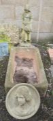 Rectangular stone trough, 73cm x 44cm, reconstituted stone figure and plaque of female head and