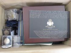 Large collection of coins to include Beatrix Potter ingot, and stamps, silver and nickel coins, some