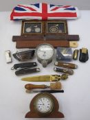 Quantity of assorted penknives, cut throat razors, lighters, envelope openers, a tea towel, John