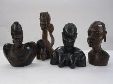 Carved bust of a Kenyan woman, circa 1980's, 32cm high, a Kenyan bust of a man, circa 1970's, 26cm