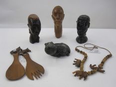 Carved stone hippopotamus, Zulu tribal wooden animal beads, circa 1970's, zebra carved salad servers