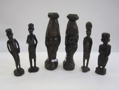 Four Congolese women wooden carved figures, circa 1970's, 19cm high approx. and a pair of African