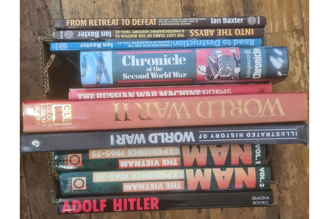 Militairia, four boxes of books and DVDs on the subject of war, including WWII, to include - Image 2 of 8