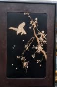 Pair Japanese shibayama lacquer panels, bone and mother-of-pearl inlaid, birds on flowering