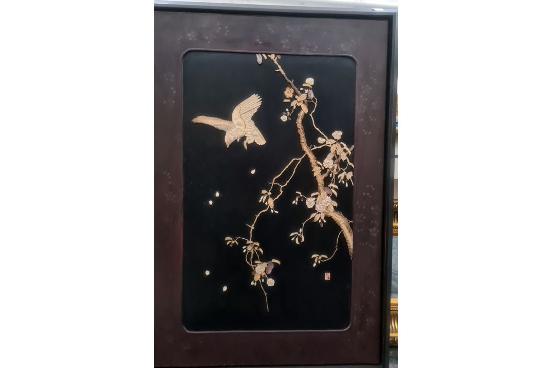 Pair Japanese shibayama lacquer panels, bone and mother-of-pearl inlaid, birds on flowering - Image 1 of 2