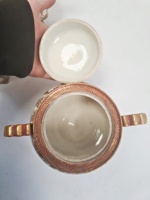 Pair Japanese Kutani earthenware koros, each with domed lid having temple lion finial, the bulbous - Image 12 of 28