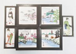 Collection of four Japanese ceramic tiles with lakeside landscape decoration and a set of three