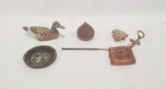A blonde tortoiseshell card case, a bottle opener, carved wooden and painted duck, etc