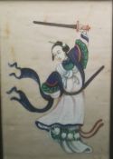 Set of four Chinese watercolours on rice paper, four figures, variously in shades of blue and green,