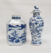 Chinese porcelain hexagonal jar and cover, underglaze blue decoration of lakeside landscape