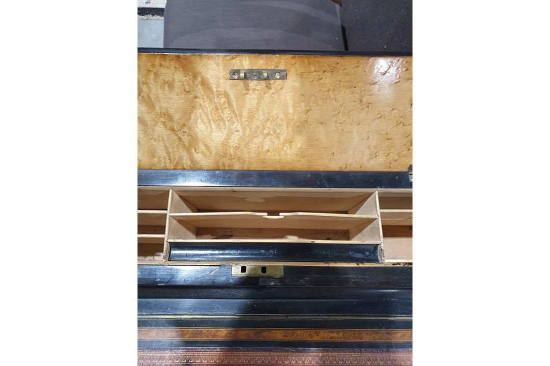 Partly ebonised burrwood 19th century Davenport desk with leather inset to the slope, 57cm x 90cm - Image 8 of 9