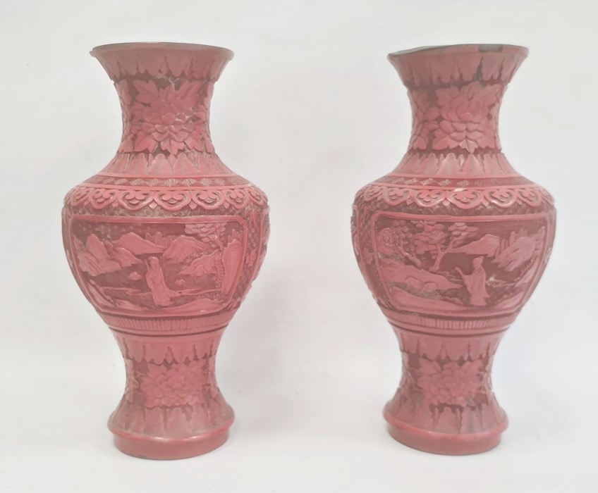 Pair Chinese cinnabar lacquer vases, inverse baluster shaped with panels of figures in landscape, - Image 5 of 8