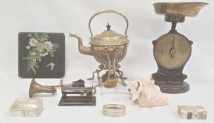 Late Victorian Arts and Crafts style brass spirit kettle with stand and burner, set of Salters