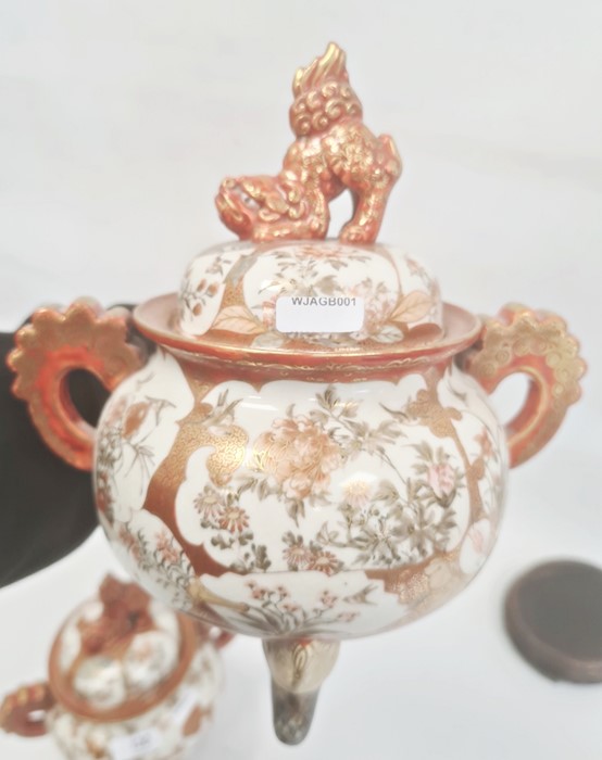 Pair Japanese Kutani earthenware koros, each with domed lid having temple lion finial, the bulbous - Image 11 of 28