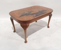 20th century walnut coffee table, the rectangular top with rounded corners, with chinoiserie