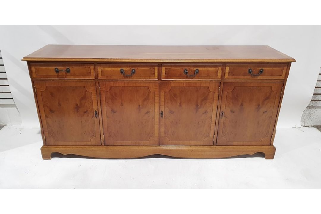 Modern yew sideboard with four drawers, four cupboard doors, on bracket feet, 181cm x 81cm