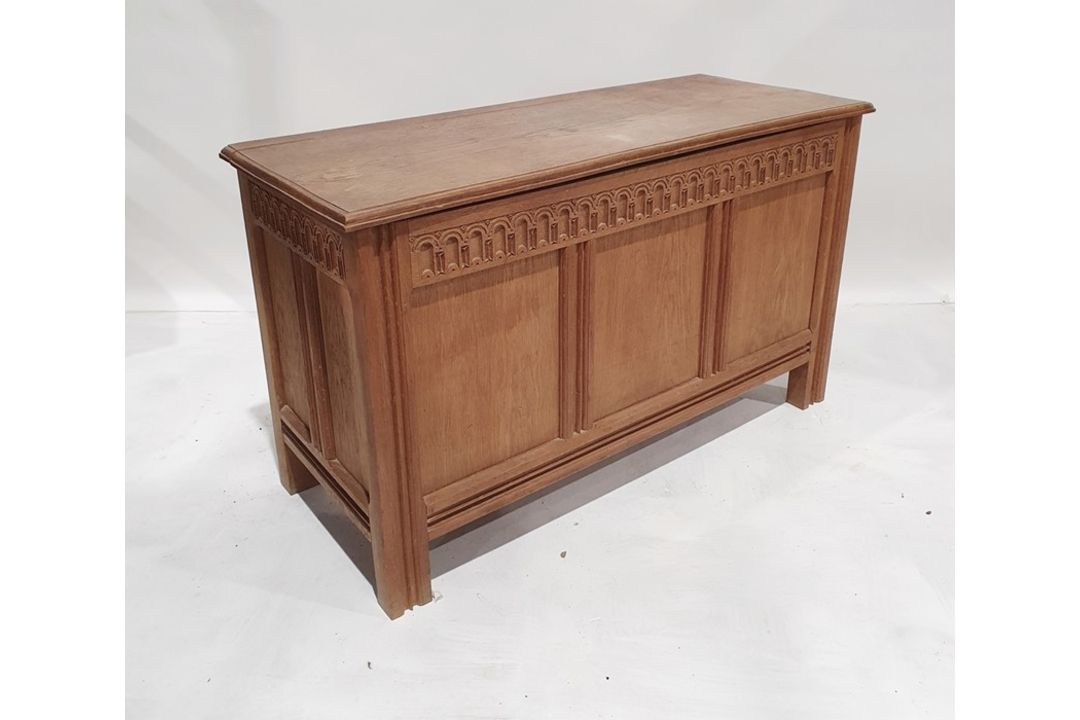 20th century oak coffer, rectangular top with moulded edge, three panels to the front, shaped - Image 1 of 24