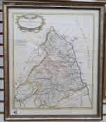 After Robert Morden Hand-coloured map of Northumberland, 45cm x 38cm, an architectural engraving and