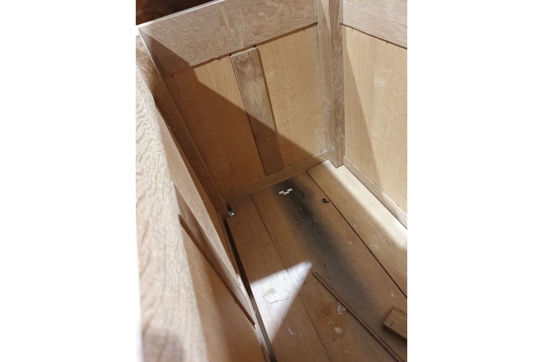 20th century oak coffer, rectangular top with moulded edge, three panels to the front, shaped - Image 19 of 24