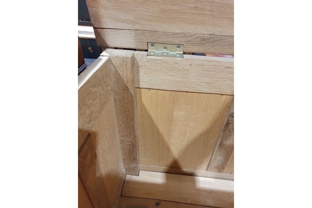 20th century oak coffer, rectangular top with moulded edge, three panels to the front, shaped - Image 14 of 24