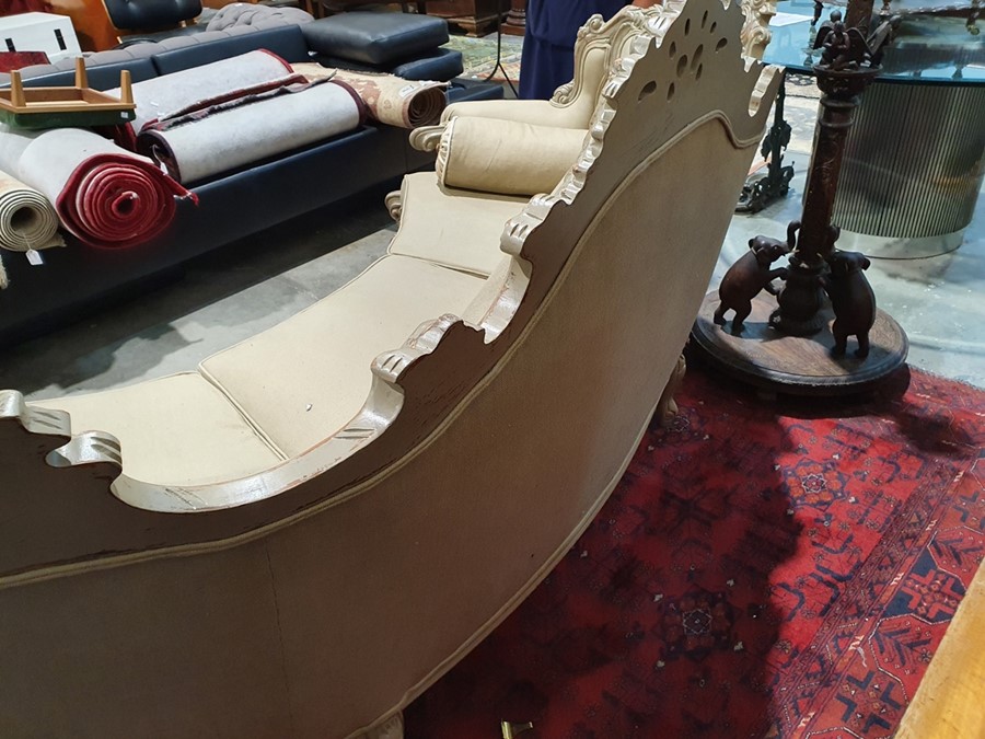 Modern French-style beige painted and upholstered curved three-seat sofa and cushions Condition - Image 18 of 24