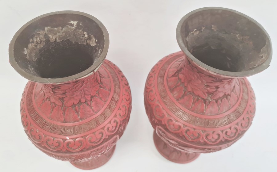 Pair Chinese cinnabar lacquer vases, inverse baluster shaped with panels of figures in landscape, - Image 7 of 8