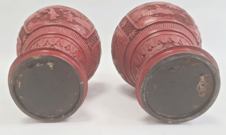 Pair Chinese cinnabar lacquer vases, inverse baluster shaped with panels of figures in landscape, - Image 4 of 8