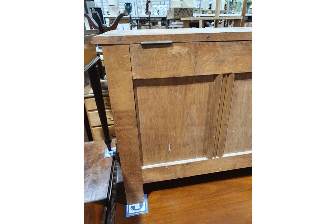 20th century oak coffer, rectangular top with moulded edge, three panels to the front, shaped - Image 21 of 24