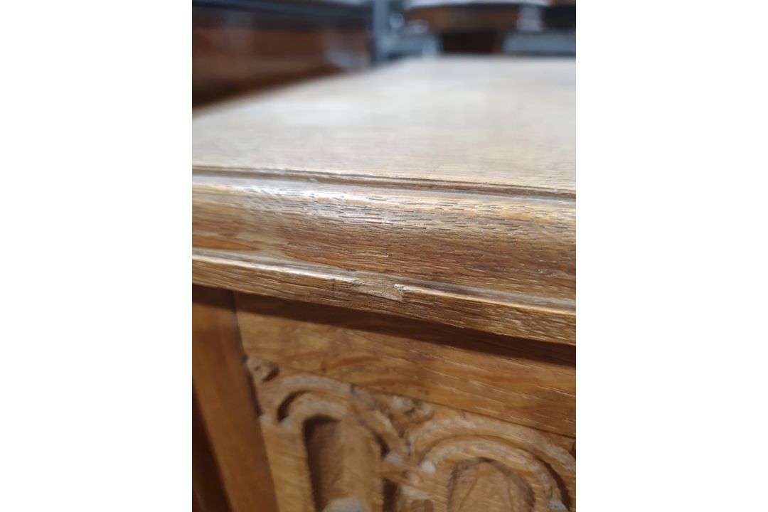 20th century oak coffer, rectangular top with moulded edge, three panels to the front, shaped - Image 8 of 24