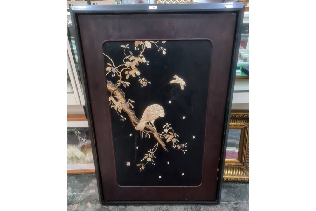 Pair Japanese shibayama lacquer panels, bone and mother-of-pearl inlaid, birds on flowering - Image 2 of 2